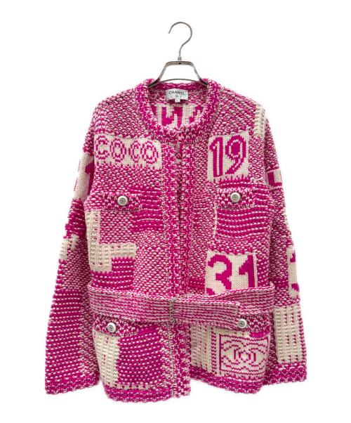 CHANEL（シャネル）CHANEL (シャネル) ベルト付カシミヤ ニットジャケット ショッキングピンク×ホワイト サイズ:36の古着・服飾アイテム