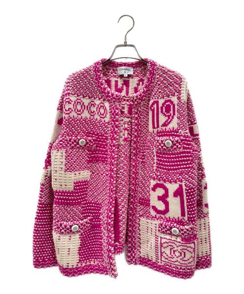 CHANEL（シャネル）CHANEL (シャネル) ベルト付カシミヤ ニットジャケット ショッキングピンク×ホワイト サイズ:36の古着・服飾アイテム