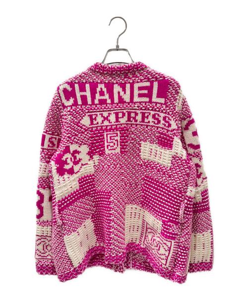 CHANEL（シャネル）CHANEL (シャネル) ベルト付カシミヤ ニットジャケット ショッキングピンク×ホワイト サイズ:36の古着・服飾アイテム