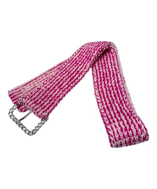 CHANEL（シャネル）CHANEL (シャネル) ベルト付カシミヤ ニットジャケット ショッキングピンク×ホワイト サイズ:36の古着・服飾アイテム