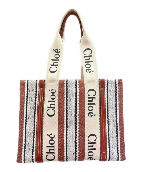 Chloe（クロエ）Chloe (クロエ) Woody ロゴプリント ストライプ トートバッグ ブラウン×ホワイトの古着・服飾アイテム