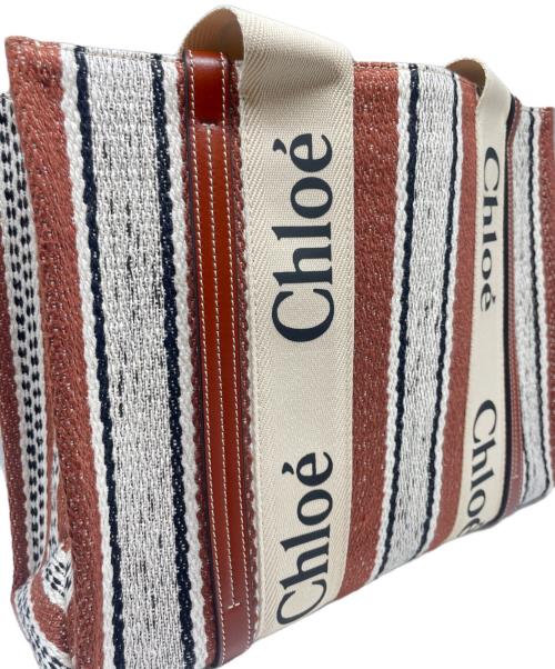 Chloe（クロエ）Chloe (クロエ) Woody ロゴプリント ストライプ トートバッグ ブラウン×ホワイトの古着・服飾アイテム