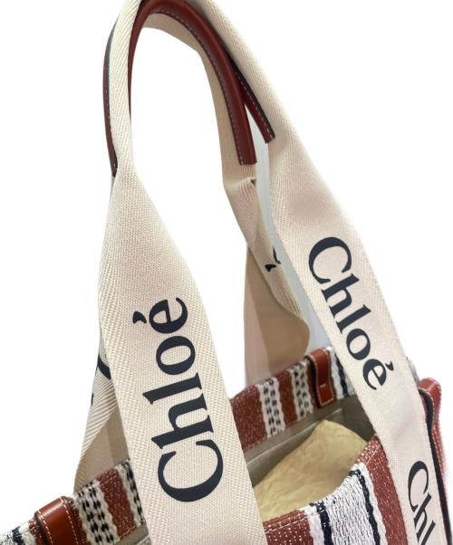 Chloe（クロエ）Chloe (クロエ) Woody ロゴプリント ストライプ トートバッグ ブラウン×ホワイトの古着・服飾アイテム