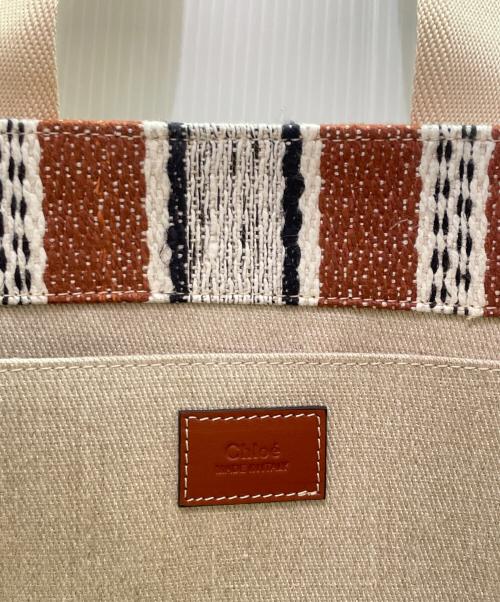 Chloe（クロエ）Chloe (クロエ) Woody ロゴプリント ストライプ トートバッグ ブラウン×ホワイトの古着・服飾アイテム