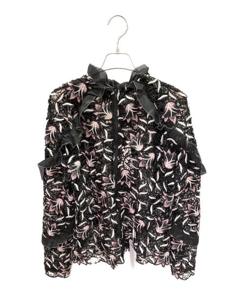 SELF PORTRAIT（セルフ ポートレイト）SELF PORTRAIT (セルフ ポートレイト) クロッシェフリルブラウス ブラック×ピンク サイズ:US8/UK12の古着・服飾アイテム
