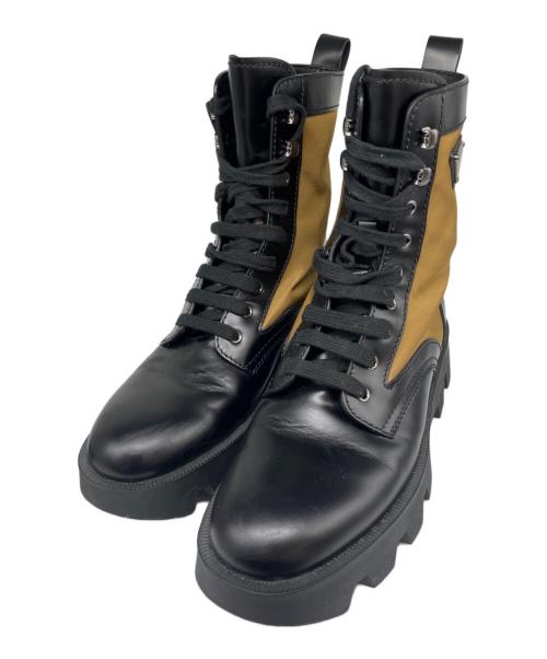 PRADA（プラダ）PRADA (プラダ) ロゴプレート レースアップ ブーツ ブラック×ベージュ サイズ:9の古着・服飾アイテム