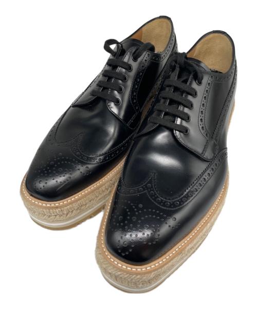 PRADA（プラダ）PRADA (プラダ) プラットフォームダービーウェッジソールシューズ ブラック×ベージュ サイズ:9　1/2の古着・服飾アイテム