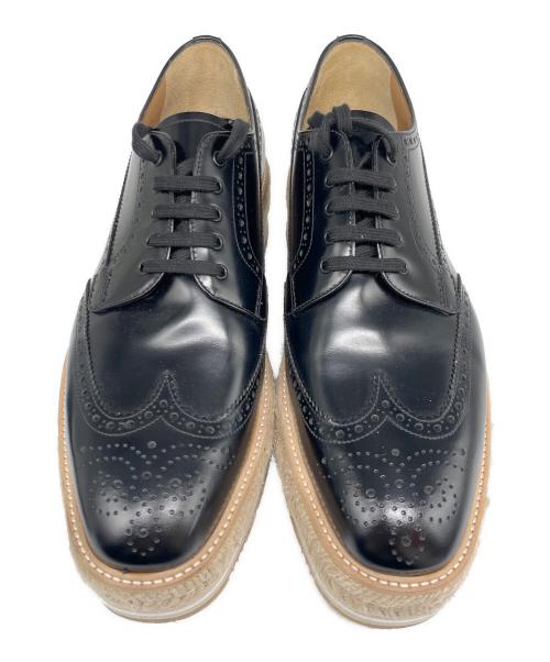 PRADA（プラダ）PRADA (プラダ) プラットフォームダービーウェッジソールシューズ ブラック×ベージュ サイズ:9　1/2の古着・服飾アイテム