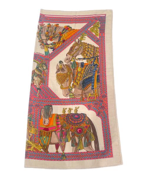 HERMES（エルメス）HERMES (エルメス) カレジェアン《LA DANSE DU CHEVAL MARWARIマールワーリ馬のダンス》 ベージュ×マルチカラーの古着・服飾アイテム