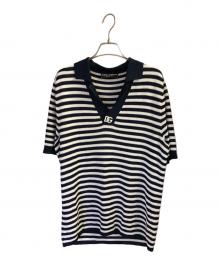 DOLCE & GABBANA（ドルチェ＆ガッバーナ）の古着「DG ロゴ刺繍ストライプ V ネック ポロ」｜ネイビー×ホワイト