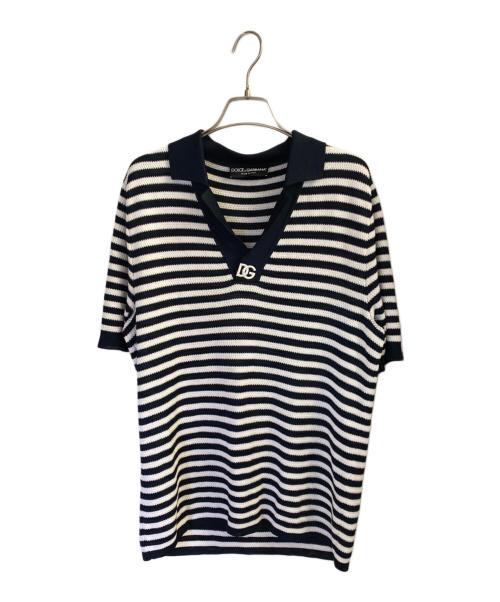 DOLCE & GABBANA（ドルチェ＆ガッバーナ）DOLCE & GABBANA (ドルチェ＆ガッバーナ) DG ロゴ刺繍ストライプ V ネック ポロ ネイビー×ホワイト サイズ:46の古着・服飾アイテム