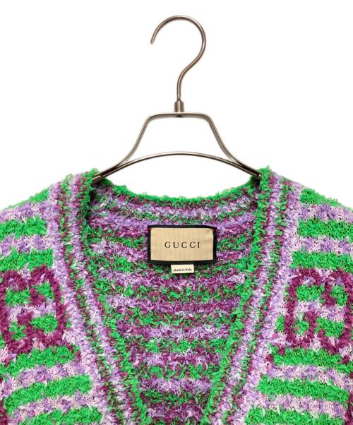GUCCI（グッチ）GUCCI (グッチ) GG Jacquard Knit Cardigan/GGジャガードニットカーディガン パープル×グリーン サイズ:Sの古着・服飾アイテム