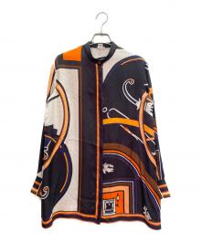 HERMES（エルメス）の古着「All-Over Print Silk Stand-Collar Shirt 総柄シルク スタンドカラーシャツ」｜ブラック×オレンジ