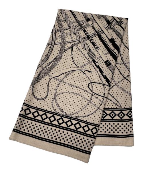 HERMES（エルメス）HERMES (エルメス) 大判ストール/カレジェアン140/鞭とグリップ ライトグレー×ブラックの古着・服飾アイテム