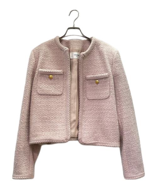 CELINE（セリーヌ）CELINE (セリーヌ) ノーカラー ツイード ジャケット ピンク サイズ:40の古着・服飾アイテム