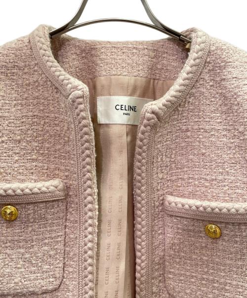 CELINE（セリーヌ）CELINE (セリーヌ) ノーカラー ツイード ジャケット ピンク サイズ:40の古着・服飾アイテム