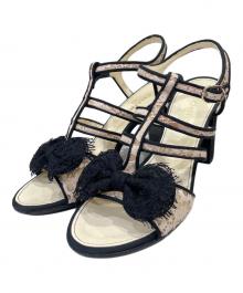 CHANEL（シャネル）の古着「リボンアンクルストラップヒールサンダル」｜ベージュ×ブラック