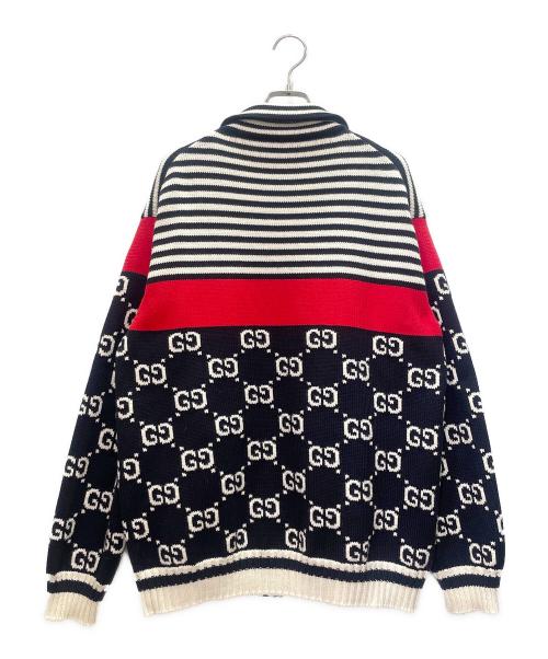 GUCCI（グッチ）GUCCI (グッチ) GGジャガード コットンニットジャケット ネイビー×ホワイト×レッド サイズ:Ｍの古着・服飾アイテム