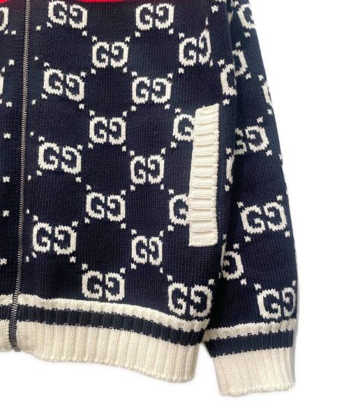 GUCCI（グッチ）GUCCI (グッチ) GGジャガード コットンニットジャケット ネイビー×ホワイト×レッド サイズ:Ｍの古着・服飾アイテム