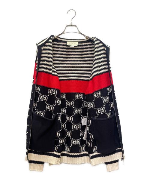 GUCCI（グッチ）GUCCI (グッチ) GGジャガード コットンニットジャケット ネイビー×ホワイト×レッド サイズ:Ｍの古着・服飾アイテム