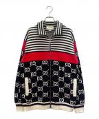 GUCCIグッチ）の古着「GGジャガード コットンニットジャケット」｜ネイビー×ホワイト×レッド