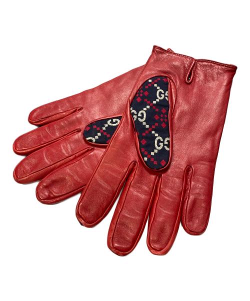 GUCCI（グッチ）GUCCI (グッチ) GG Leather Gloves レッド×ネイビー サイズ:8 1/2の古着・服飾アイテム