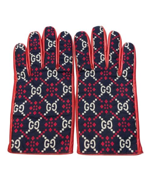 GUCCI（グッチ）GUCCI (グッチ) GG Leather Gloves レッド×ネイビー サイズ:8 1/2の古着・服飾アイテム
