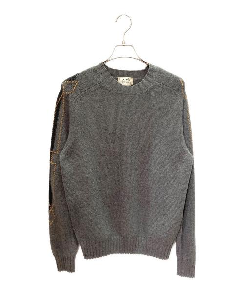 HERMES（エルメス）HERMES (エルメス) カシミヤ袖レザーデザインニット グレー サイズ:Ｌの古着・服飾アイテム