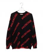 BALENCIAGAバレンシアガ）の古着「FW20 オールオーバーロゴクルーネックニット」｜ブラック×レッド