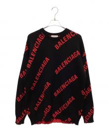BALENCIAGA（バレンシアガ）の古着「FW20 オールオーバーロゴクルーネックニット」｜ブラック×レッド