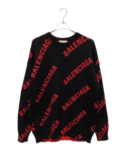 BALENCIAGA（バレンシアガ）BALENCIAGA (バレンシアガ) FW20 オールオーバーロゴクルーネックニット ブラック×レッド サイズ:Sの古着・服飾アイテム