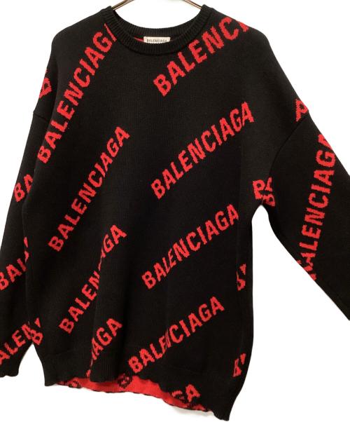 BALENCIAGA（バレンシアガ）BALENCIAGA (バレンシアガ) FW20 オールオーバーロゴクルーネックニット ブラック×レッド サイズ:Sの古着・服飾アイテム