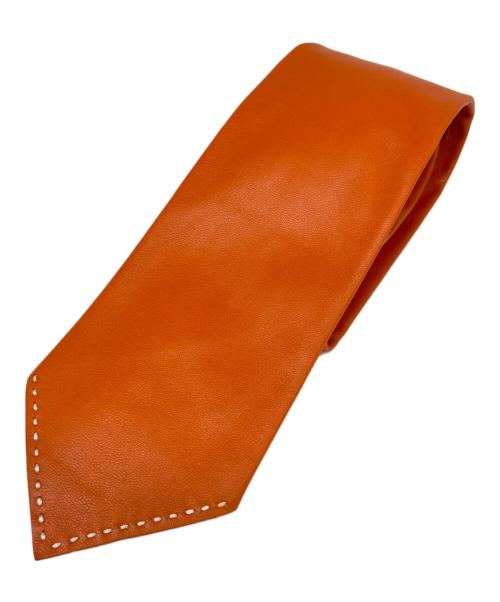 HERMES（エルメス）HERMES (エルメス) Lambskin Leather Tie with White Stitching ラムスキン ホワイトステッチ ネクタイ オレンジ サイズ:-の古着・服飾アイテム