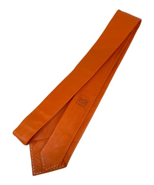 HERMES（エルメス）HERMES (エルメス) Lambskin Leather Tie with White Stitching ラムスキン ホワイトステッチ ネクタイ オレンジ サイズ:-の古着・服飾アイテム