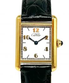Cartier（カルティエ）の古着「Must Tank SM Watch with Flying Roman Numerals マストタンクSM 飛びアラビア Ref:W1008354 ホワイト文字盤」｜ブラック