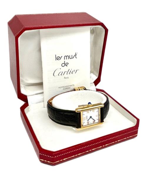 Cartier（カルティエ）Cartier (カルティエ) Must Tank SM Watch with Flying Roman Numerals マストタンクSM 飛びアラビア Ref:W1008354 ホワイト文字盤 ブラック サイズ:SM/21㎜/15cmの古着・服飾アイテム