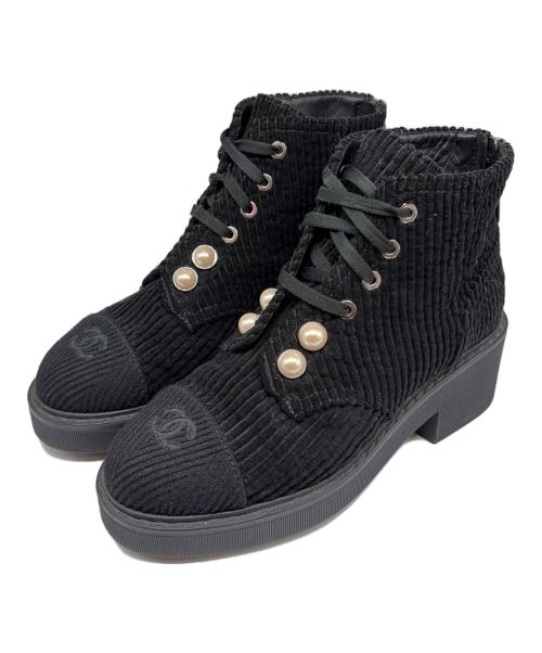 CHANEL（シャネル）CHANEL (シャネル) コーデュロイショートブーツ/ココマーク/パール ブラック サイズ:36の古着・服飾アイテム
