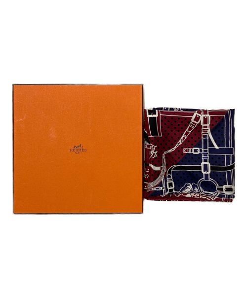 HERMES（エルメス）HERMES (エルメス) シルクスカーフ/Grand Manage/大調教術 ネイビー×ボルドー サイズ:55の古着・服飾アイテム