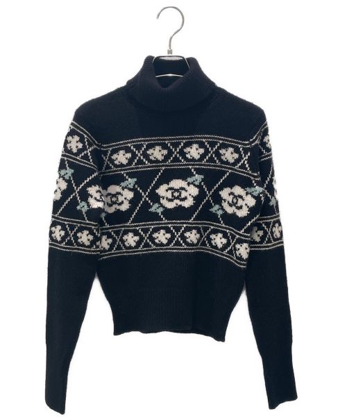 CHANEL（シャネル）CHANEL (シャネル) カメリアタートルネックカシミヤニット ブラック サイズ:40の古着・服飾アイテム