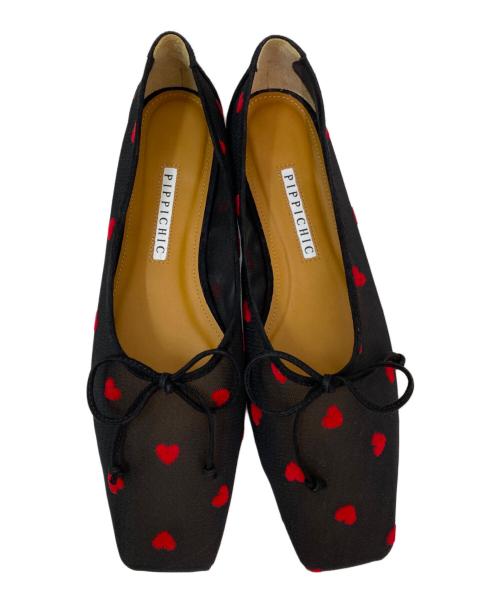 Pippichic（ピッピシック）Pippichic (ピッピシック) スクエア ハート AMBER バレエシューズ ブラック×レッド サイズ:38の古着・服飾アイテム