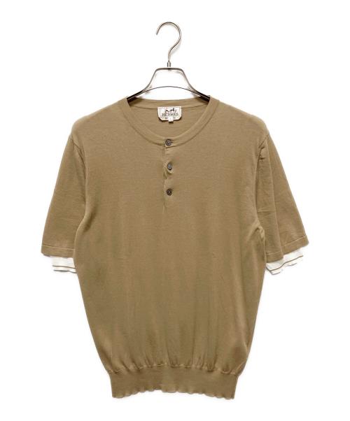 HERMES（エルメス）HERMES (エルメス) ノーカラーレイヤードニットポロシャツ ベージュ サイズ:Ｌの古着・服飾アイテム