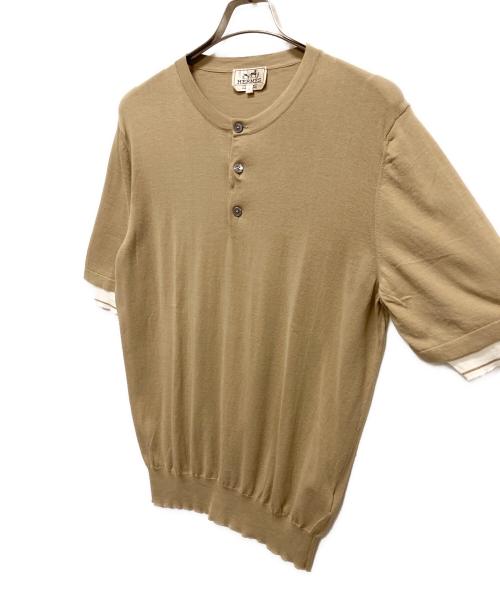 HERMES（エルメス）HERMES (エルメス) ノーカラーレイヤードニットポロシャツ ベージュ サイズ:Ｌの古着・服飾アイテム