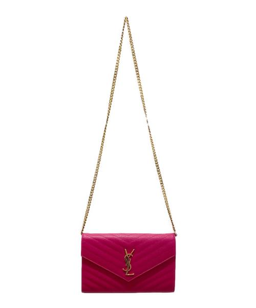Saint Laurent Paris（サンローランパリ）Saint Laurent Paris (サンローランパリ) VステッチYSLチェーンウォレット ショッキングピンク×ゴールドの古着・服飾アイテム