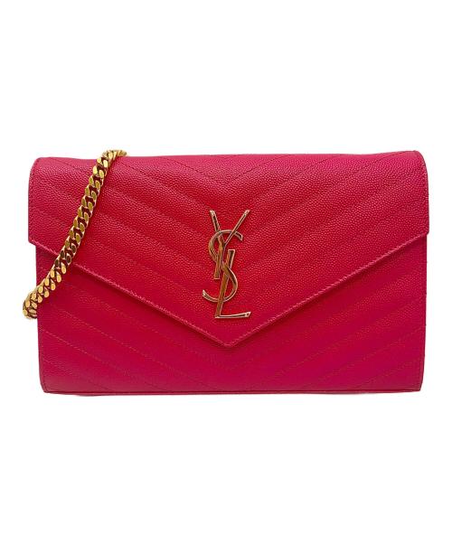 Saint Laurent Paris（サンローランパリ）Saint Laurent Paris (サンローランパリ) VステッチYSLチェーンウォレット ショッキングピンク×ゴールドの古着・服飾アイテム