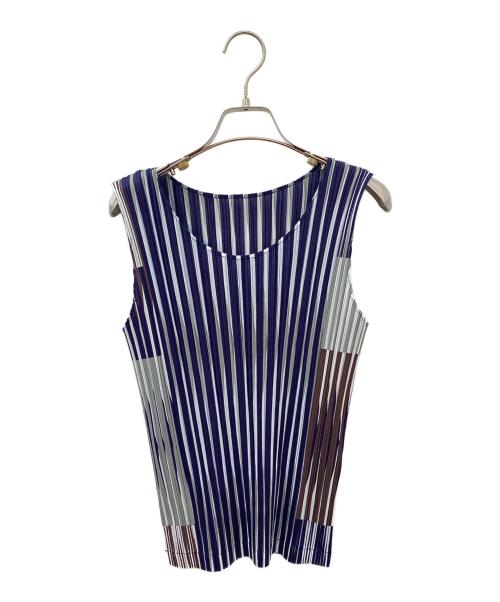 PLEATS PLEASE（プリーツプリーズ）PLEATS PLEASE (プリーツプリーズ) ストライプノースリーブカットソー パープル サイズ:3の古着・服飾アイテム