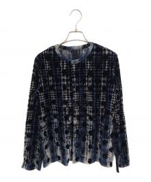 Y's（ワイズ）の古着「HOUNDTOOTH DOTS TULLE ROUND NECK LONG SLEEVE CARDIGAN」｜ネイビー