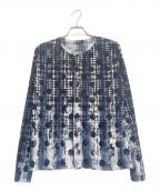 Y'sワイズ）の古着「HOUNDTOOTH DOTS TULLE ROUND NECK LONG SLEEVE CARDIGAN/ポルカドット 千鳥格子柄 レース カーディガン」｜ネイビー