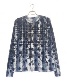 Y's（ワイズ）の古着「HOUNDTOOTH DOTS TULLE ROUND NECK LONG SLEEVE CARDIGAN/ポルカドット 千鳥格子柄 レース カーディガン」｜ネイビー