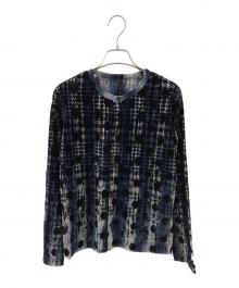 Y's（ワイズ）の古着「HOUNDTOOTH DOTS TULLE ROUND NECK LONG SLEEVE CARDIGAN」｜ネイビー