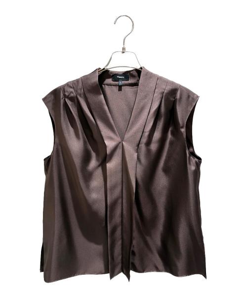 theory（セオリー）theory (セオリー) ウォッシャブルシルクプリーツノースリーブブラウス Mod Silk Twill ブラウン サイズ:Sの古着・服飾アイテム